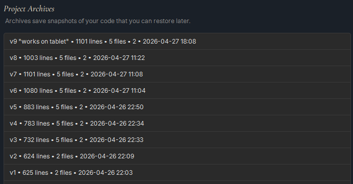 Whittl Project Archives panel showing nine snapshots v1 through v9, each with line count, file count, and timestamp. The newest entry v9 also shows the user prompt "works on tablet" that triggered that generation.