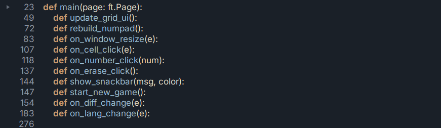 Same file with all functions folded — only def lines are visible, main() def followed by update_grid_ui, rebuild_numpad, on_window_resize, and the other function headers collapsed to single lines