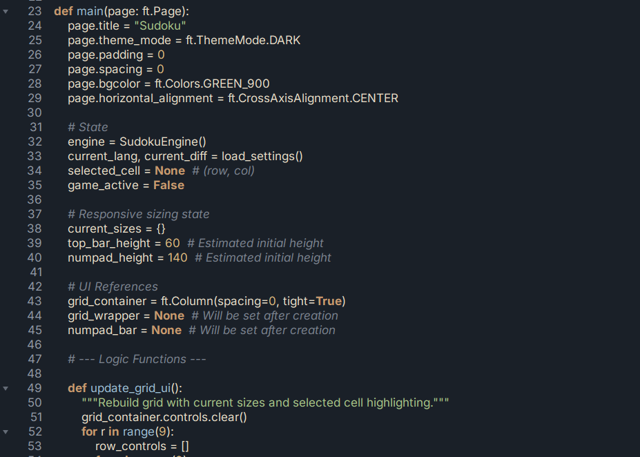 Sudoku main.py unfolded, showing page setup code and variable declarations around line 23-53