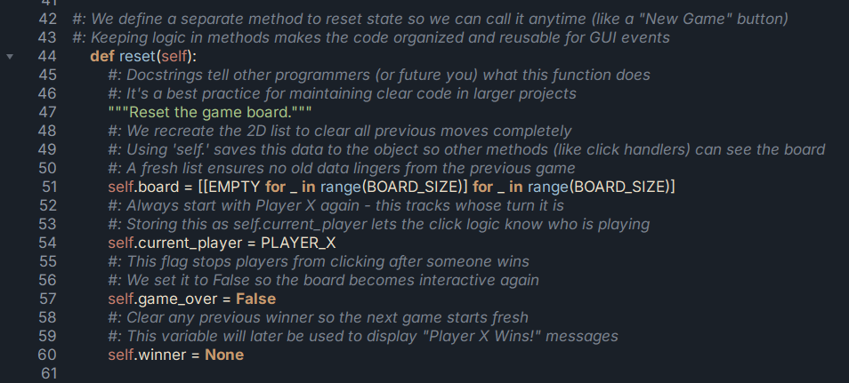 Explain Mode on, showing the same reset() method with inline AI comments above each line explaining intent