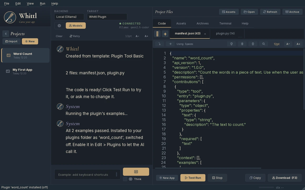 The chat after Test Run: "Running the plugin's examples..." and then "All 2 examples passed. Installed to your plugins folder as 'word_count', switched off."