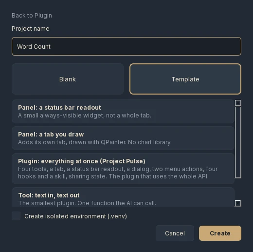 The New Project dialog on its second screen for a Plugin: the name Word Count, Template selected, and the plugin templates listed: Panel: a status bar readout, Panel: a tab you draw, Plugin: everything at once (Project Pulse), Tool: text in, text out.