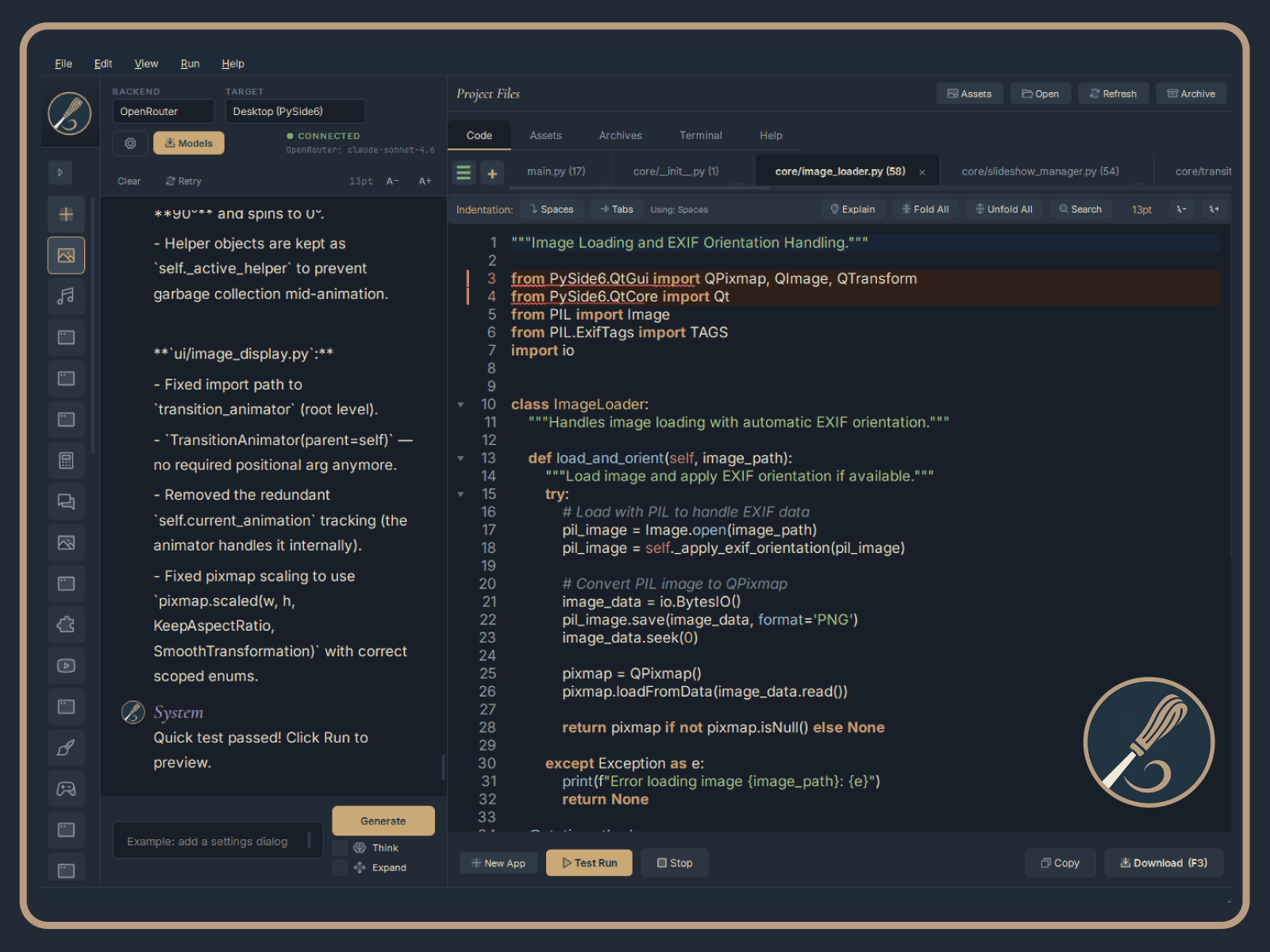 Whittl with the dark theme active, showing chat panel, code editor, and preview pane in navy and tan tones