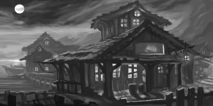 Digital painting of a wooden dock at sunset