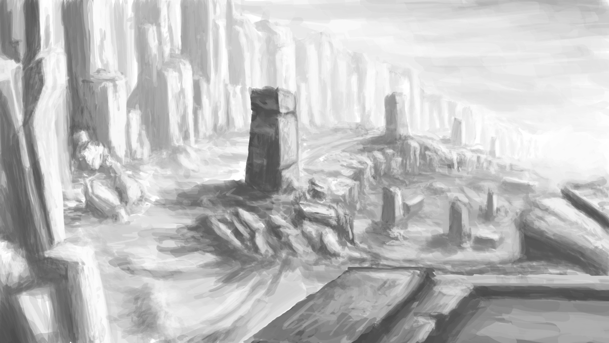 Environment concept art sketch in grayscale