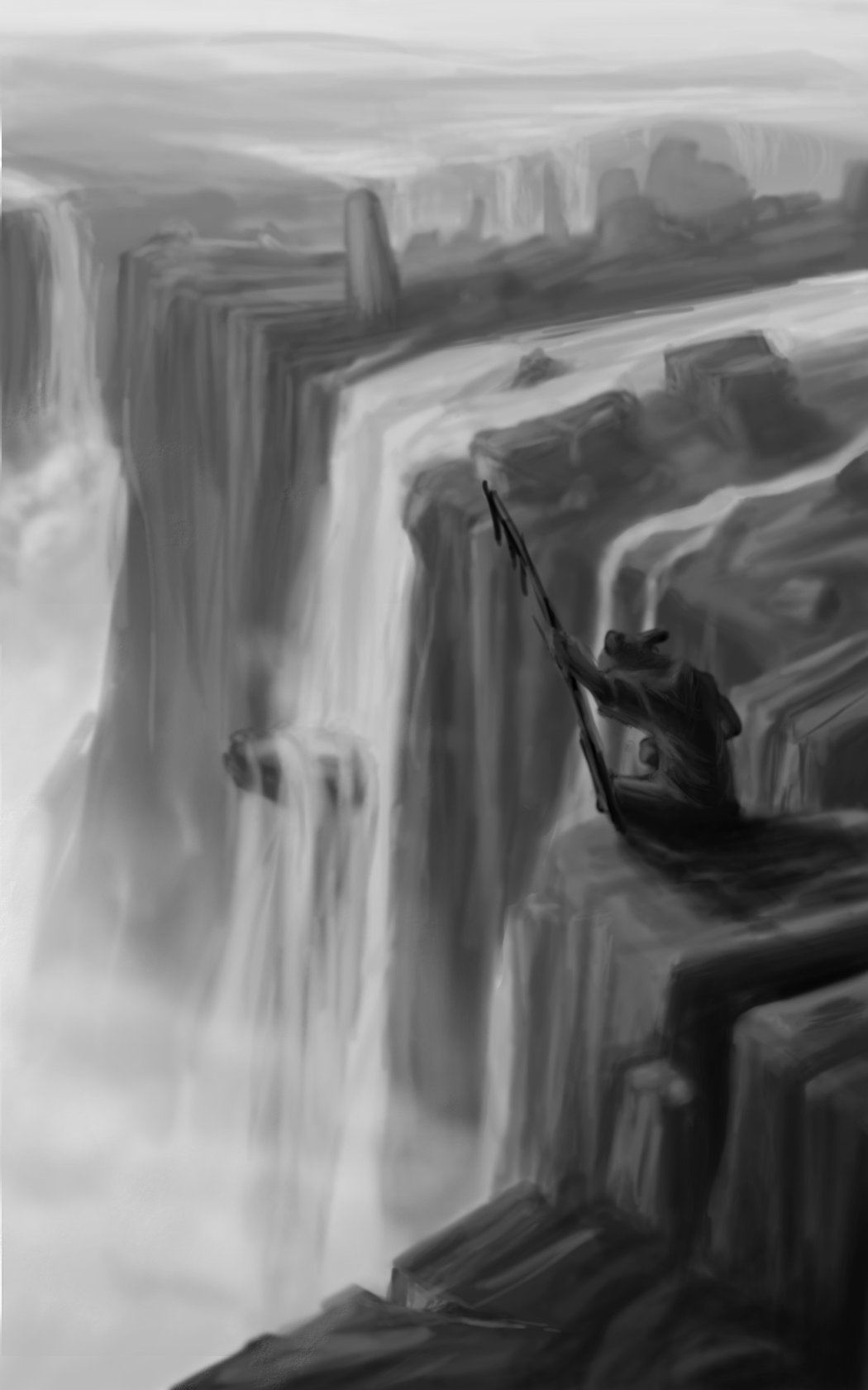 Digital painting of a waterfall in a forest setting