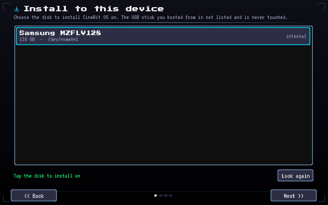 Choosing the disk to install CineBit OS on