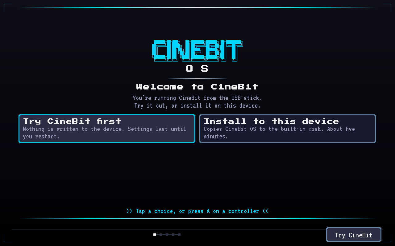 CineBit OS welcome screen: try it from the USB stick or install it