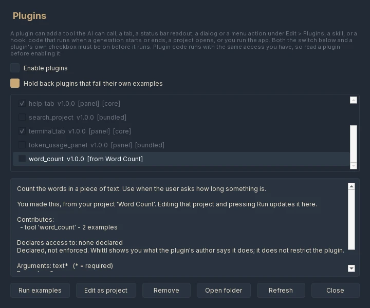 The Plugins dialog listing each plugin and what it adds